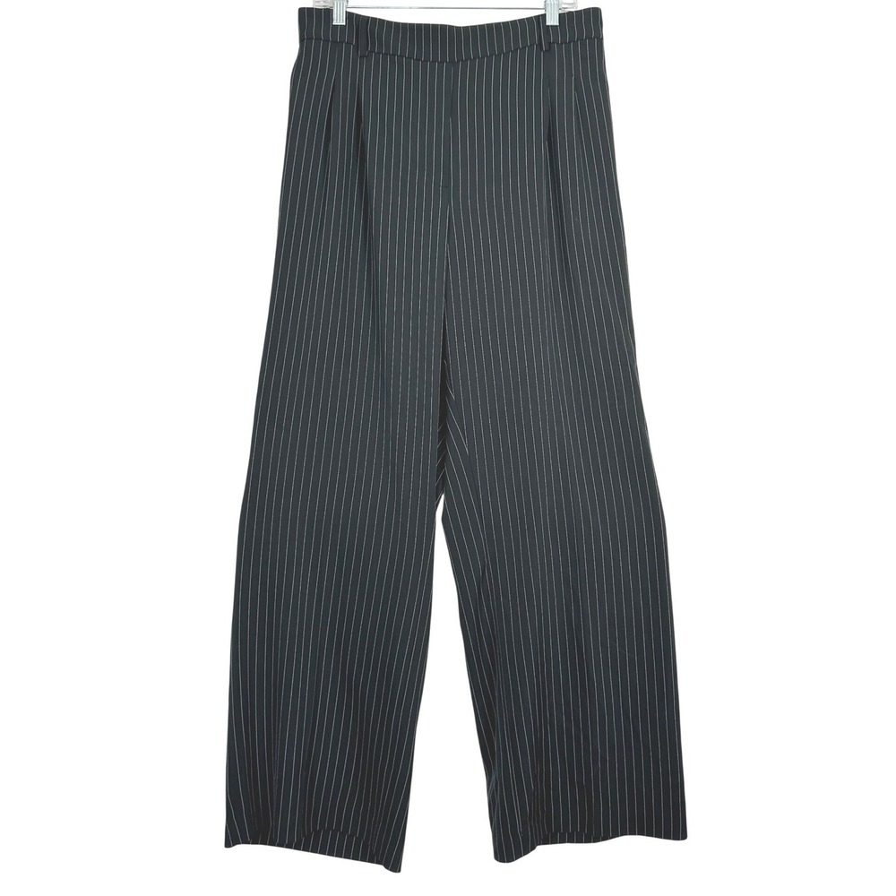 Nicole Miller New York Trouser Pants L Gray Pinstripe Wide Leg High Rise Office - Picture 3 of 10